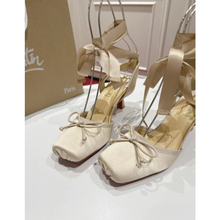 Christian Louboutin Cream Satin Ankle Wrap Bow Kitten Heel Pumps