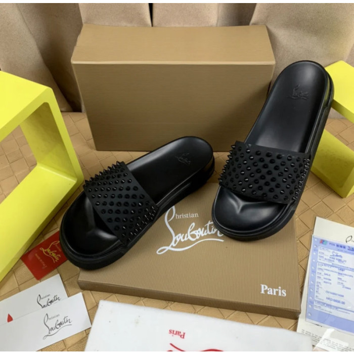 Christian Louboutin Black Spiked Platform Slide Sandals