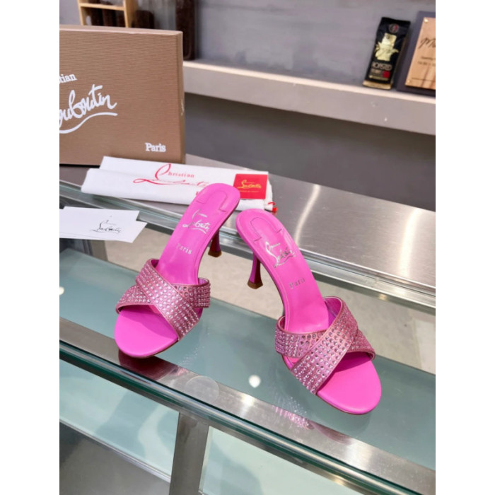 Christian Louboutin Pink Crystal Crisscross Mule Slide Sandal 100mm heel