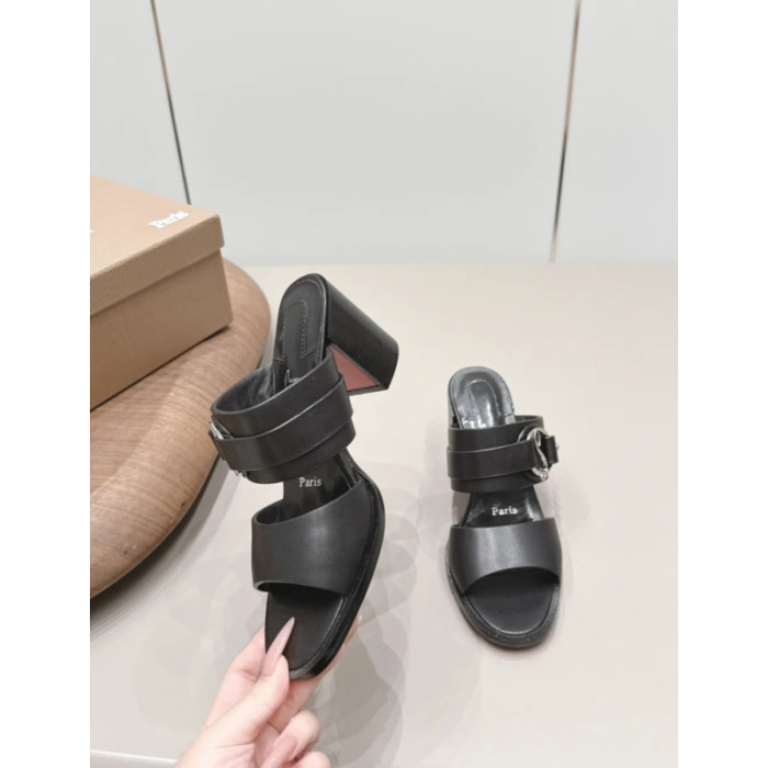Christian Louboutin Black Leather CL‑Buckle Mule Block Heel Sandals 85mm heel