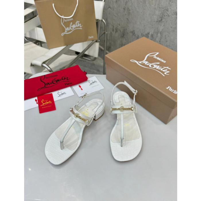 Christian Louboutin White Croc‑Embossed 45mm Block Heel Thong Sandals