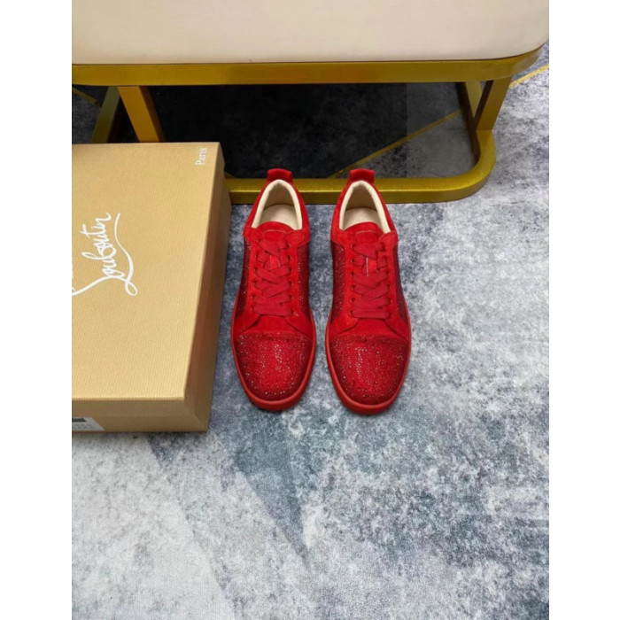 Christian Louboutin Red Suede Red Crystal‑Encrusted Low‑Top Sneakers