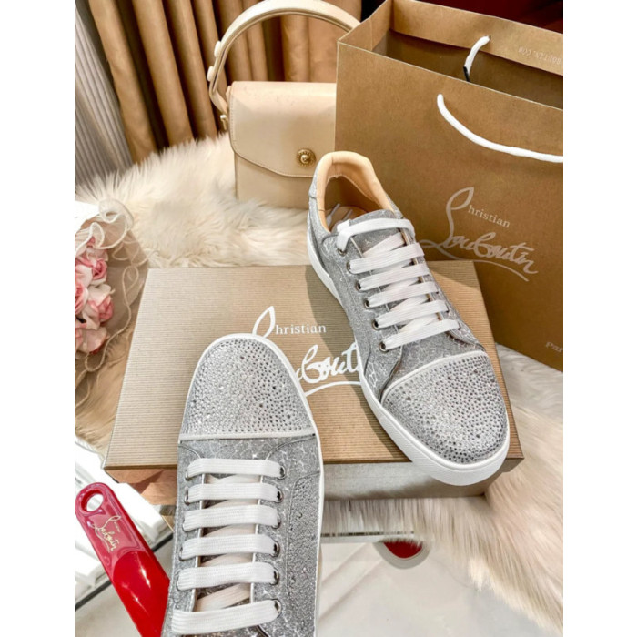 Christian Louboutin Silver Full‑Crystal Low‑Top Lace‑Up Casual Sneakers