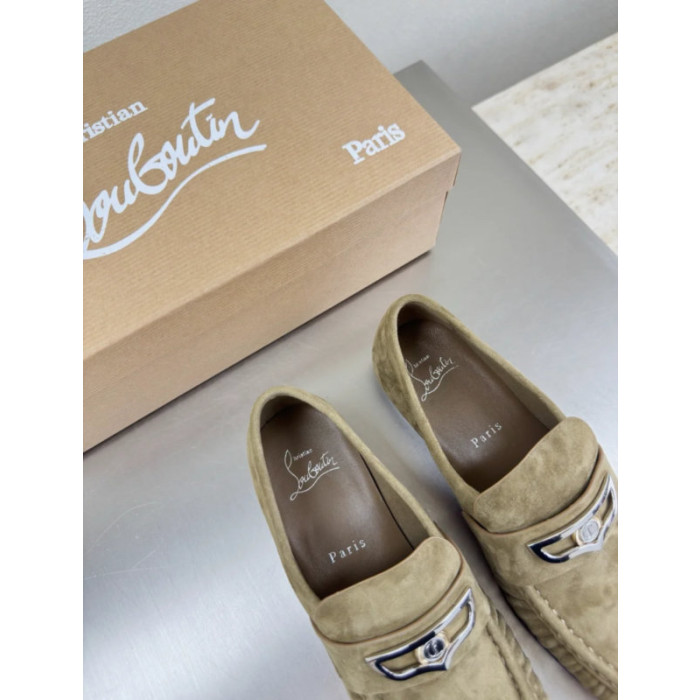 Christian Louboutin Khaki Suede Metal‑Accent Slip‑On Loafers