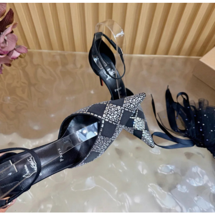 Christian Louboutin Black Satin Checkered Crystal‑Embellished 100mm Stiletto Heel Ankle‑Strap Pumps