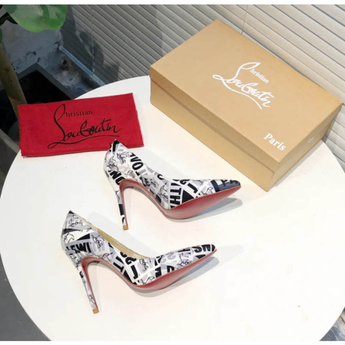 Christian Louboutin Monochrome Letter‑Print Pointed Toe 100mm Stiletto heel Pumps