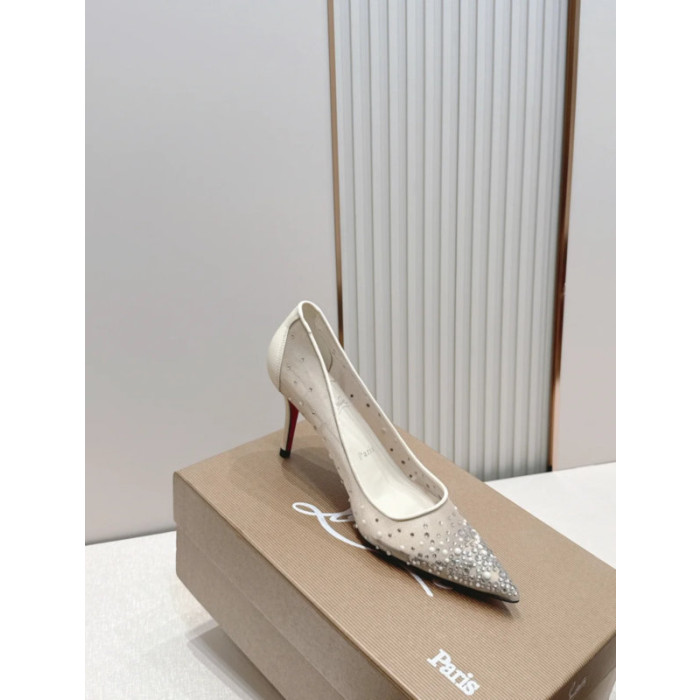 Christian Louboutin White Mesh Crystal‑Embellished 85mm Stiletto Heel Pointed‑Toe Pumps