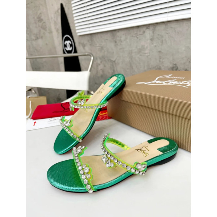 Christian Louboutin Green Metallic Crystal Embellished Flat Slide Sandal