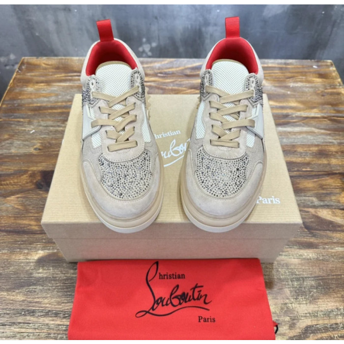 Christian Louboutin Beige Suede Crystal Spiked Platform Low‑Top Sneakers