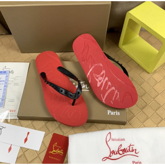 Christian Louboutin Red Embossed‑Logo Studded Flip‑Flop Sandals