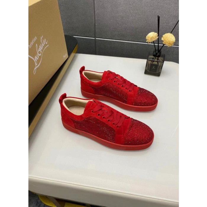 Christian Louboutin Red Suede Red Crystal‑Encrusted Low‑Top Sneakers