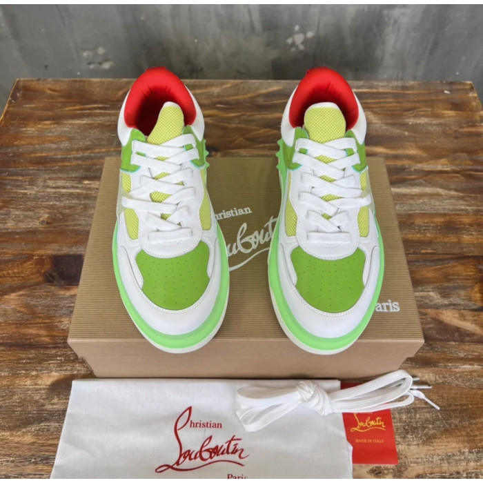 Christian Louboutin White‑Green Leather Spiked Platform Low‑Top Sneakers