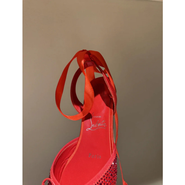 Christian Louboutin Red Satin Crystal Tie‑Ankle Ballet Flats