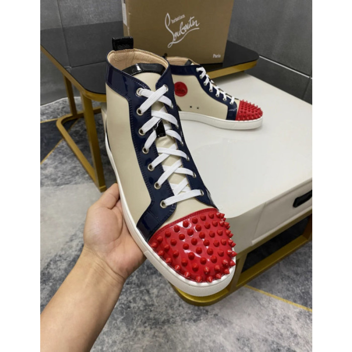 Christian Louboutin Cream Navy Red Spiked 20mm High‑Top Sneakers
