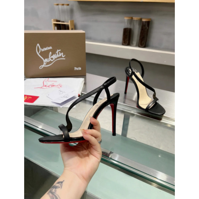 Christian Louboutin Black Nappa Asymmetric Curved Strap Slingback Sandal 100mm heel