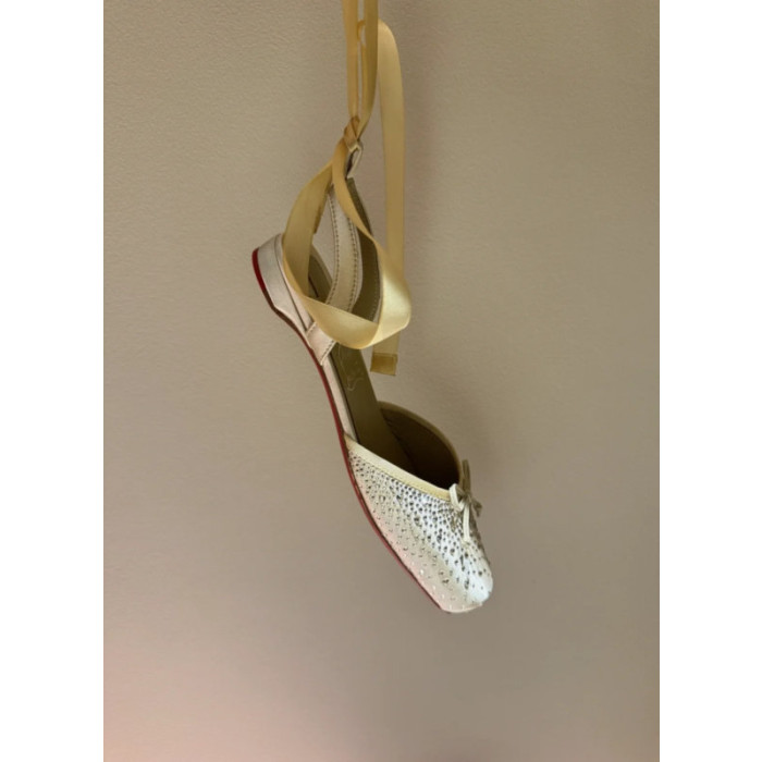 Christian Louboutin Gold Satin Crystal Tie‑Ankle Ballet Flats