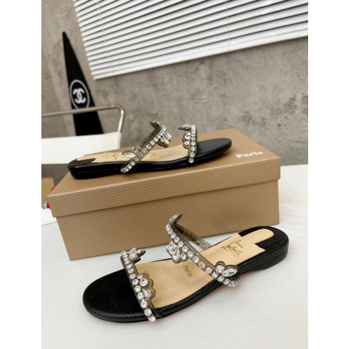 Christian Louboutin Black Crystal Embellished Flat Slide Sandal