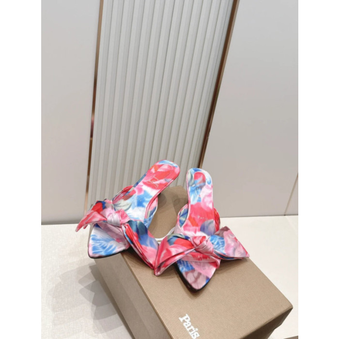 Christian Louboutin Floral‑Print Satin Bow 55mm Pointed‑Toe Mule Heels
