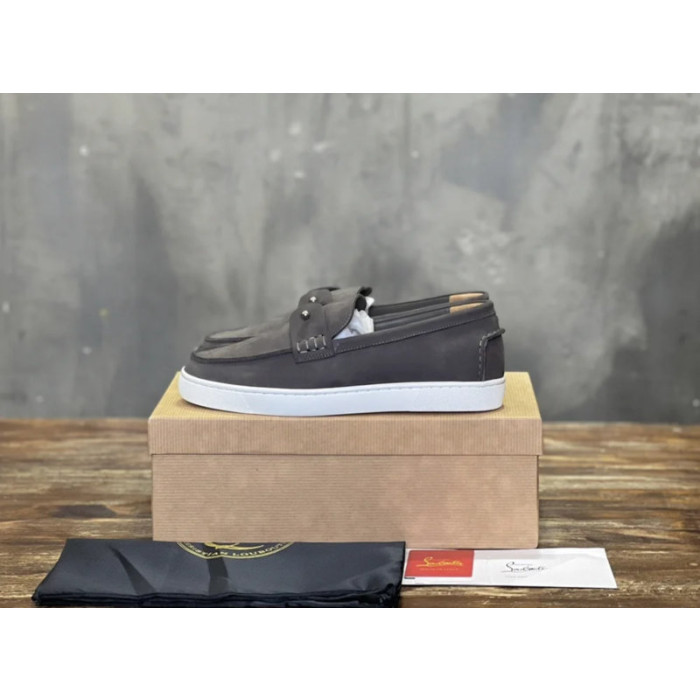 Christian Louboutin Dark Grey Nubuck Slip‑On Loafers