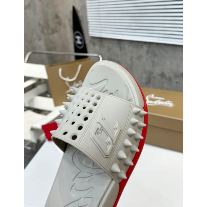 Christian Louboutin Beige Stud‑Embellished CL Logo Slide Sandals