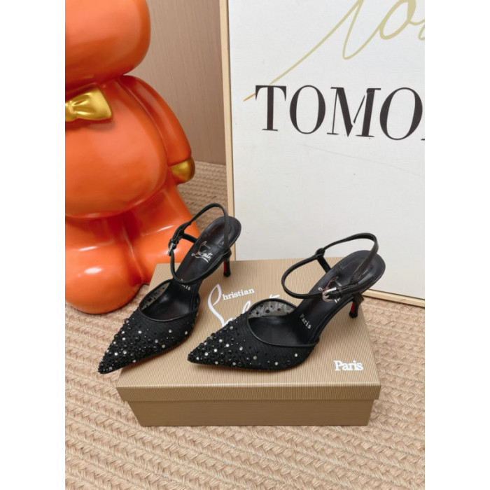 Christian Louboutin Black Mesh 80mm Apostropha Crystal‑Embellished Slingback Stiletto Heel Pumps