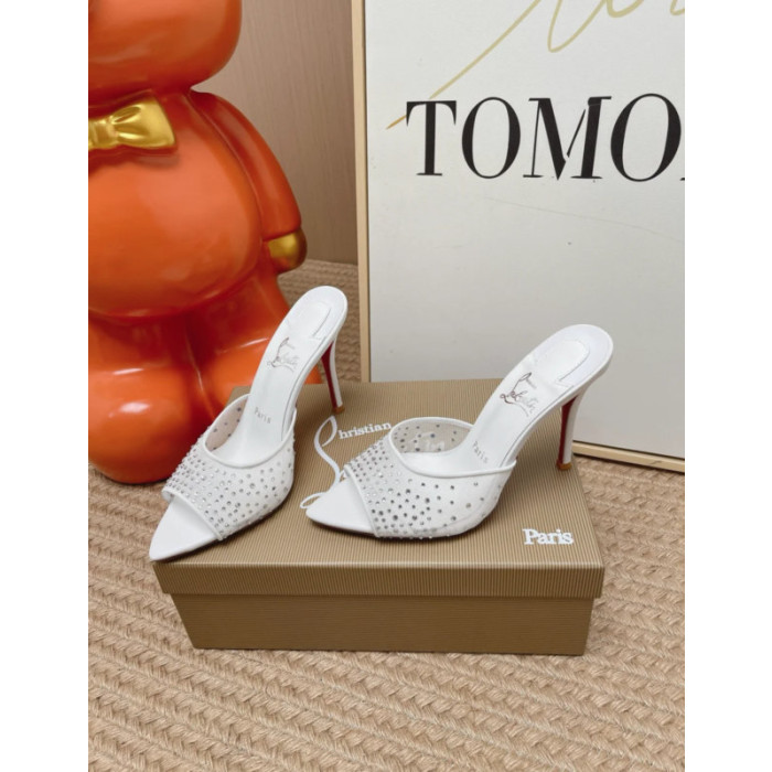 Christian Louboutin White Tulle Rhinestone‑Covered 100mm Stiletto Heel Backless Mules