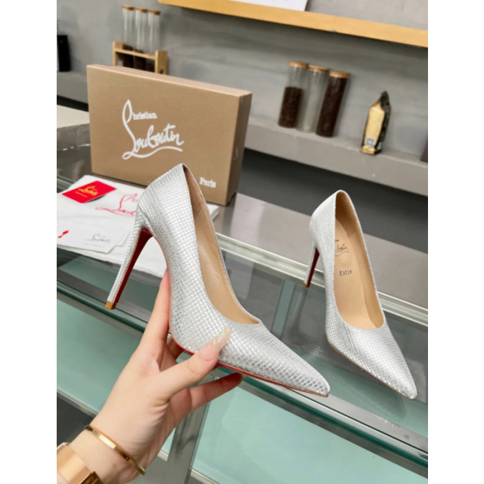 Christian Louboutin Silver Textured Leather Pointed‑Toe 120mm High Heel Pumps