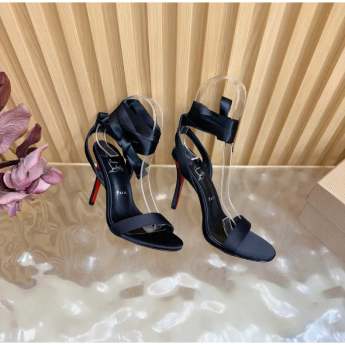 Christian Louboutin Black Satin 100mm Ankle‑Wrap Tie Stiletto Sandals