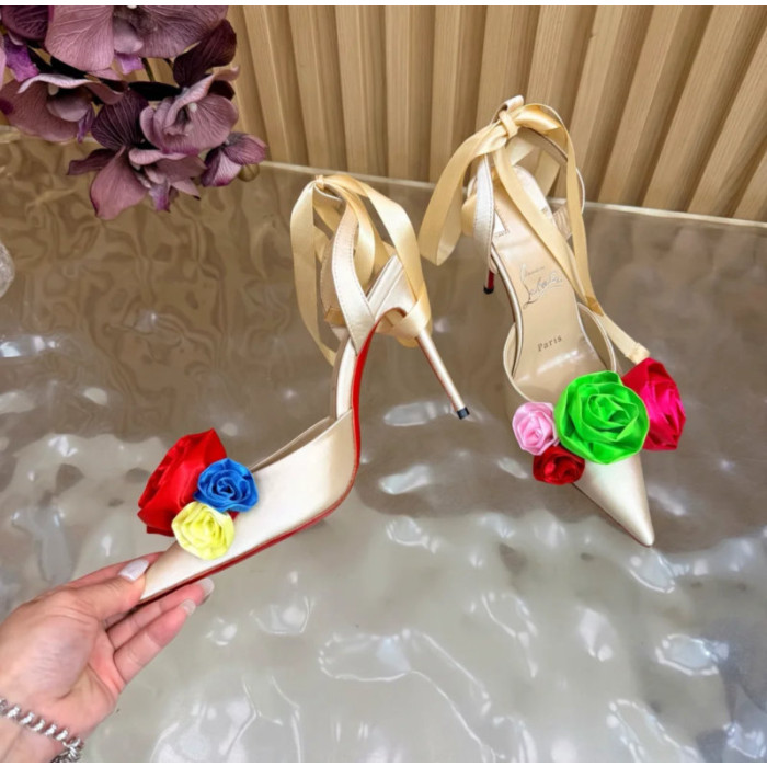 Christian Louboutin Ivory Satin Multicolor Fabric Flower 100mm Stiletto Heel Slingback Pumps