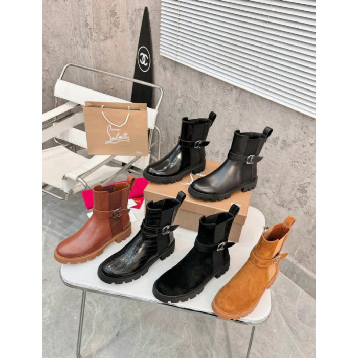 Christian Louboutin Brown Leather Buckle‑Strap Lug‑Sole Chelsea Ankle Boots