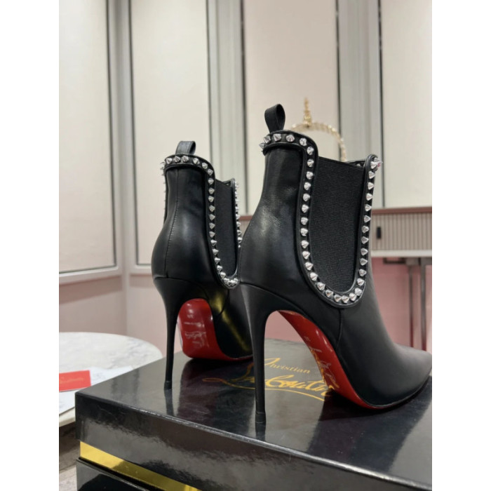Christian Louboutin Black Leather 100mm Spiked Stiletto Pointed Toe Ankle Boots