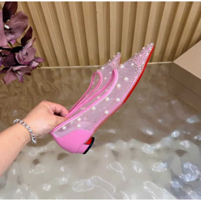 Christian Louboutin Pink Mesh Pearl Crystal‑Embellished Pointed‑Toe Flat Pumps