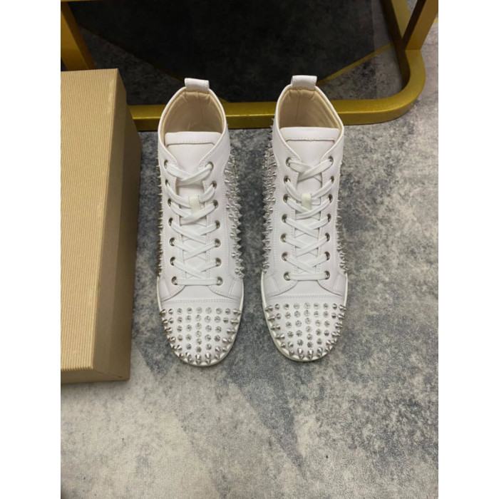 Christian Louboutin White Leather Full Silver‑Spiked High‑Top Sneakers
