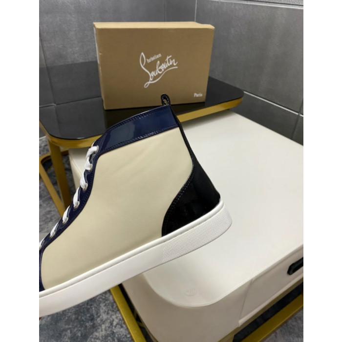 Christian Louboutin Cream Navy Red Spiked 20mm High‑Top Sneakers