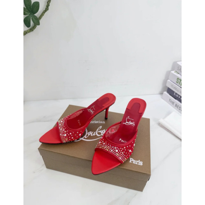 Christian Louboutin Red Mesh Crystal 70mm Pointed‑Toe Mule Heels