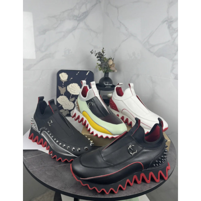 Christian Louboutin Black Slip‑On Sneakers Red Zigzag Sole Spiked Heel