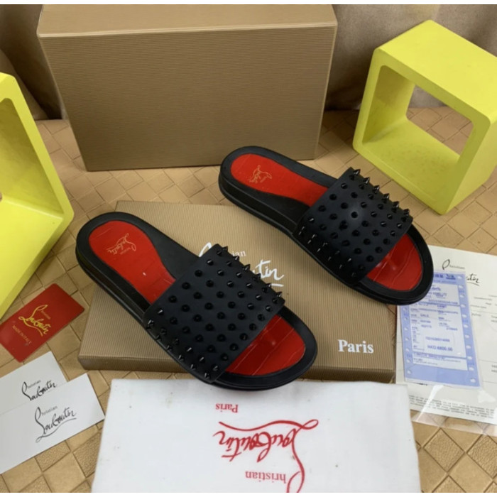 Christian Louboutin Black Spiked Slide Sandals Red Croc‑Embossed Footbed