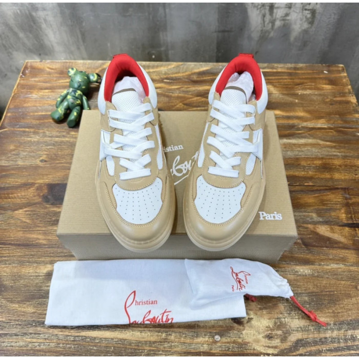 Christian Louboutin Tan‑White Leather Mesh Spiked Platform Low‑Top Sneakers