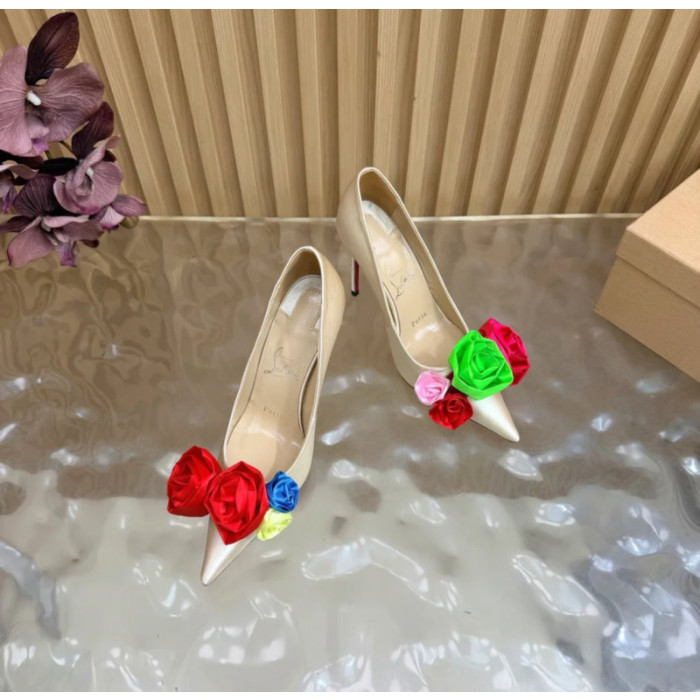 Christian Louboutin Ivory Satin Multicolor Fabric Flower 100mm Stiletto Heel Pumps