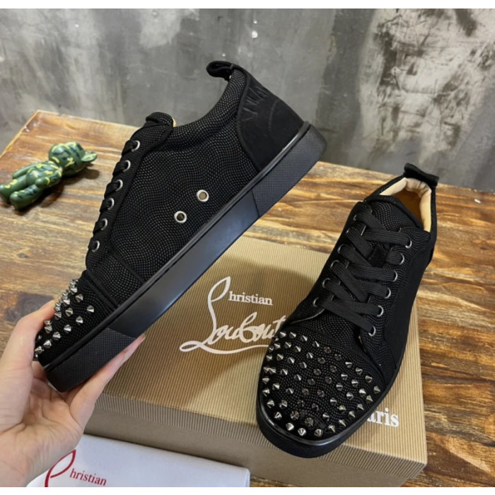 Christian Louboutin Black Textile Silver‑Spiked Low‑Top Sneakers