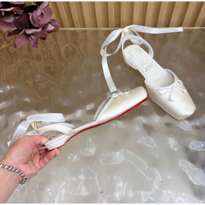 Christian Louboutin White Satin Bow Ankle‑Tie Slingback Ballet Flats