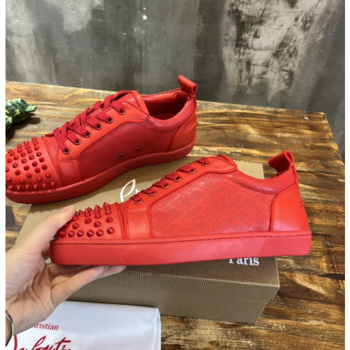 Christian Louboutin Red Perforated Leather Red‑Spiked Low‑Top Sneakers