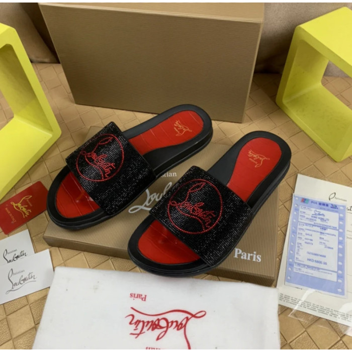 Christian Louboutin Black Crystal Slide Sandals Red Rhinestone Circular Logo