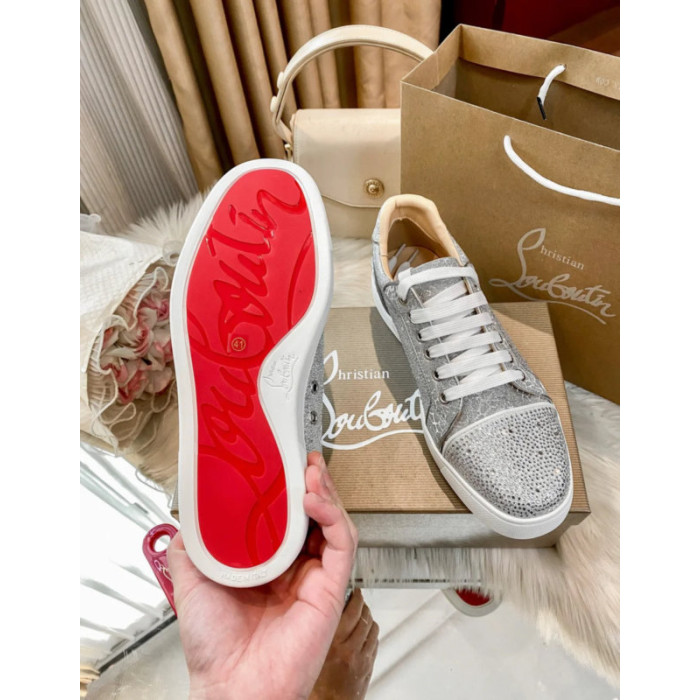 Christian Louboutin Silver Full‑Crystal Low‑Top Lace‑Up Casual Sneakers
