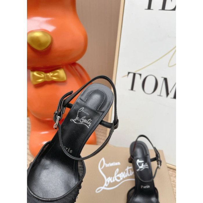 Christian Louboutin Black Mesh 80mm Apostropha Crystal‑Embellished Slingback Stiletto Heel Pumps