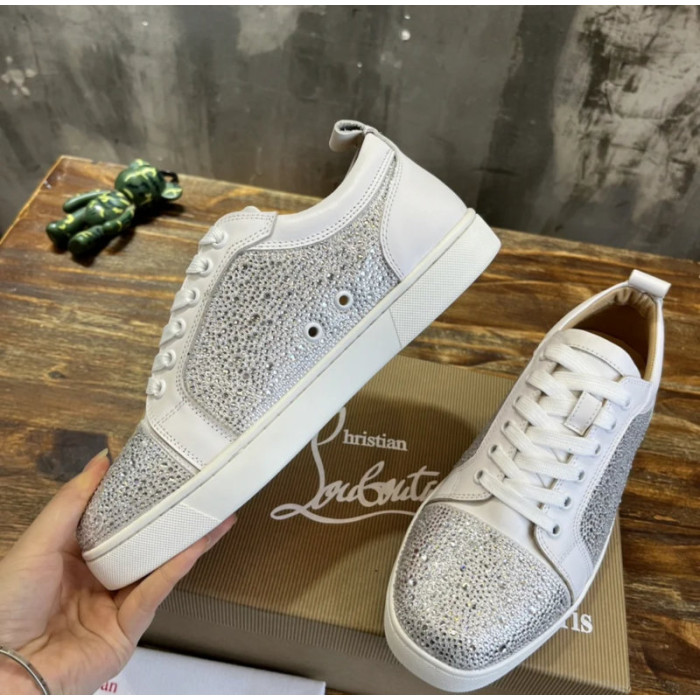 Christian Louboutin White Leather Silver Crystal‑Embellished Low‑Top Men’s Sneakers