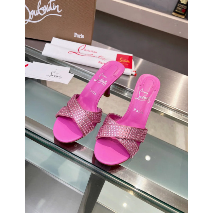 Christian Louboutin Pink Crystal Crisscross Mule Slide Sandal 100mm heel