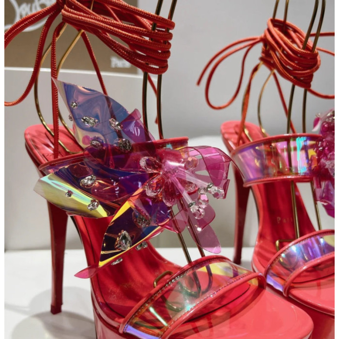 Christian Louboutin Red Patent Iridescent Crystal‑Flower 150mm Platform Ankle‑Tie Sandals
