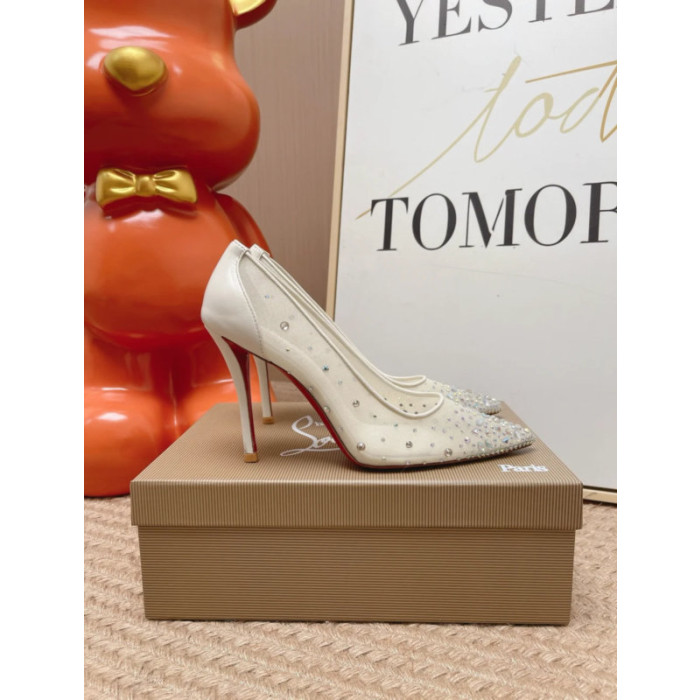 Christian Louboutin Ivory Mesh Crystal‑Embellished 100mm Pointed‑Toe Stiletto Heel Pumps