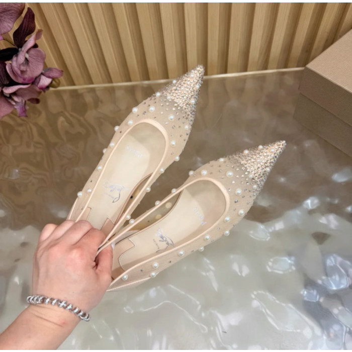 Christian Louboutin Beige Mesh Pearl Crystal‑Embellished Pointed‑Toe Flat Pumps